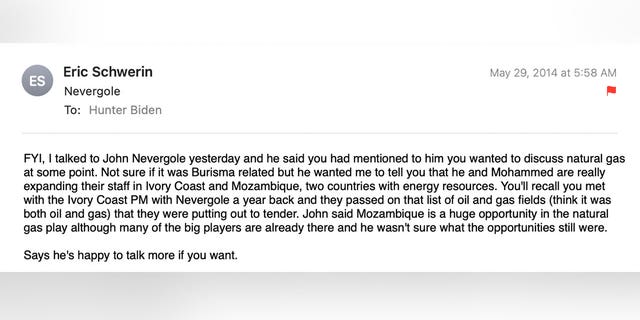 Eric Schwerin told Hunter Biden in a 2014 email that their business partner, John Nevergole, had mentioned that Hunter "wanted to discuss natural gas at some point."