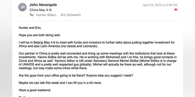 In April 2015, John Nevergole asked Hunter Biden and Eric Schwerin whether they had any suggestions for people to reach out to in China for his upcoming visit to Beijing. 