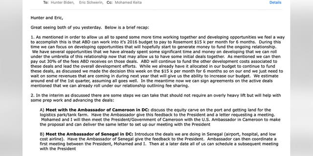 In a November 2015 email to Hunter Biden and Eric Schwerin, John Nevergole presented terms for ABD’s "ongoing relationship" with Rosemont, as well as future steps to meet with the presidents of Cameroon and Senegal, which he said would help with "advancing the deals."