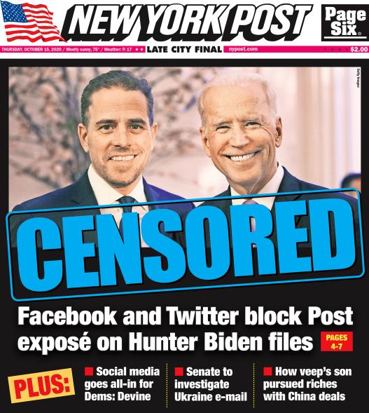 NYPost cover on Hunter Biden censorship.