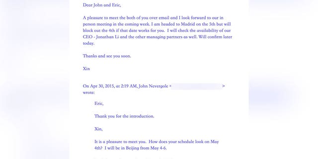 Xin Wang thanked Eric Schwerin for the introduction to John Nevergole and said it was a "pleasure to meet the both of you over email and I look forward to our in person meeting in the coming week."