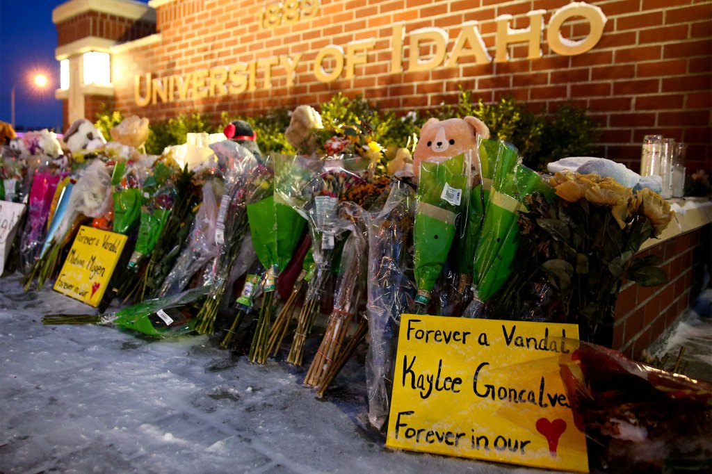 A sign for Kaylee Goncalves at a makeshift memorial at the University of Idaho in Moscow, Idaho.