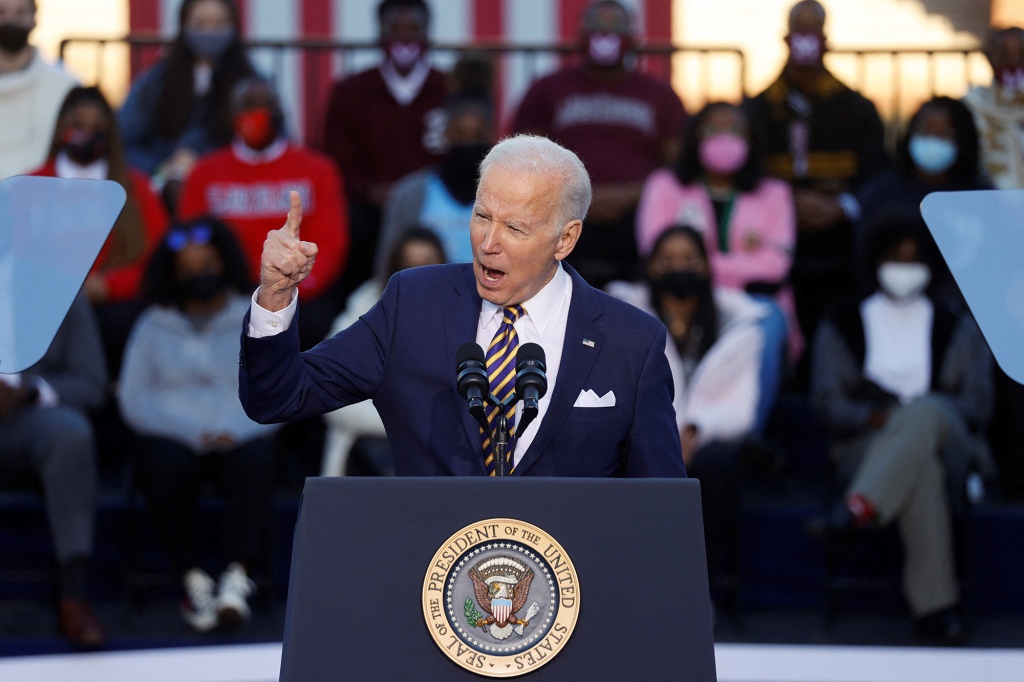 President Joe Biden addresses a crowd in Atlanta