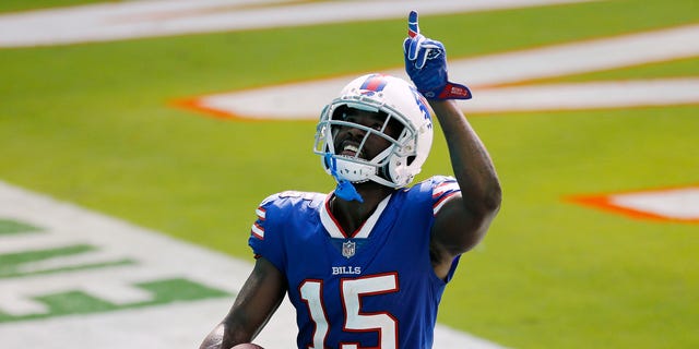 John Brown of the Buffalo Bills celebrates after a 46-yard touchdown against the Miami Dolphins during the fourth quarter at Hard Rock Stadium on Sept. 20, 2020, in Miami Gardens, Florida.