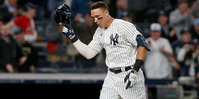 Aaron Judge celebrates his game-winning, three-run homer against the Toronto Blue Jays at Yankee Stadium on May 10, 2022, in New York City.