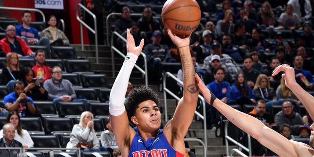 Killian Hayes, #7 of the Detroit Pistons, shoots a three point basket during the game against the Orlando Magic on Dec. 28, 2022 at Little Caesars Arena in Detroit.