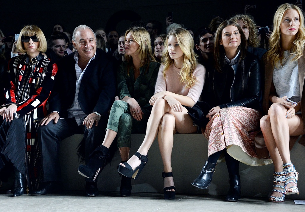 Anna Wintour, Sir Philip Green, Kate Moss, Lottie Moss, Natalie Massenet and Poppy Delevingne at a London Fashion Week event. 