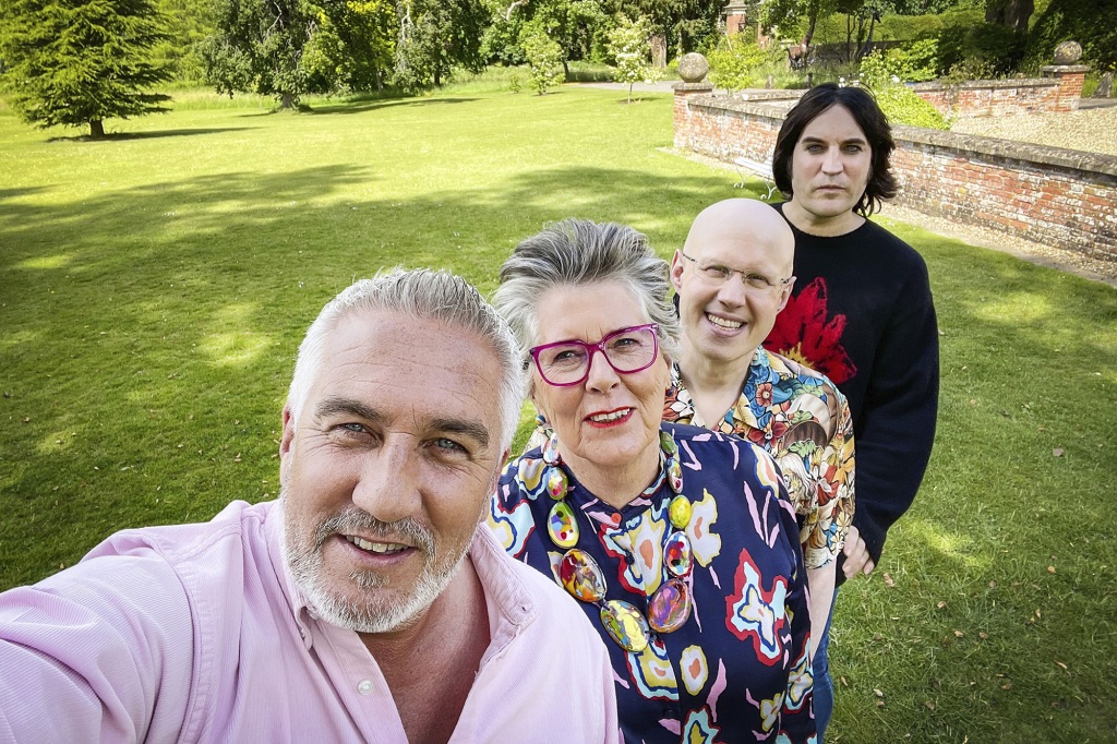 (Left to right) "The Great British Bake Off" judge Paul Hollywood, judge Prue Leith, presenter Matt Lucas, and presenter Noel Fielding during Season 13 in 2022.