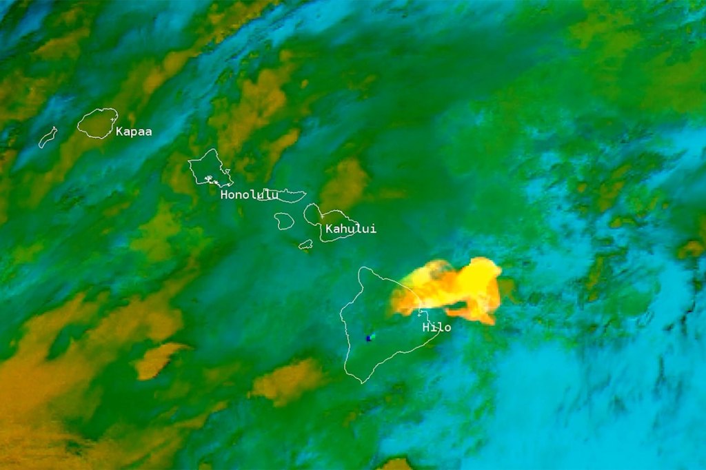 Satellite imagery shows Mauna Loa spewing gas from space.