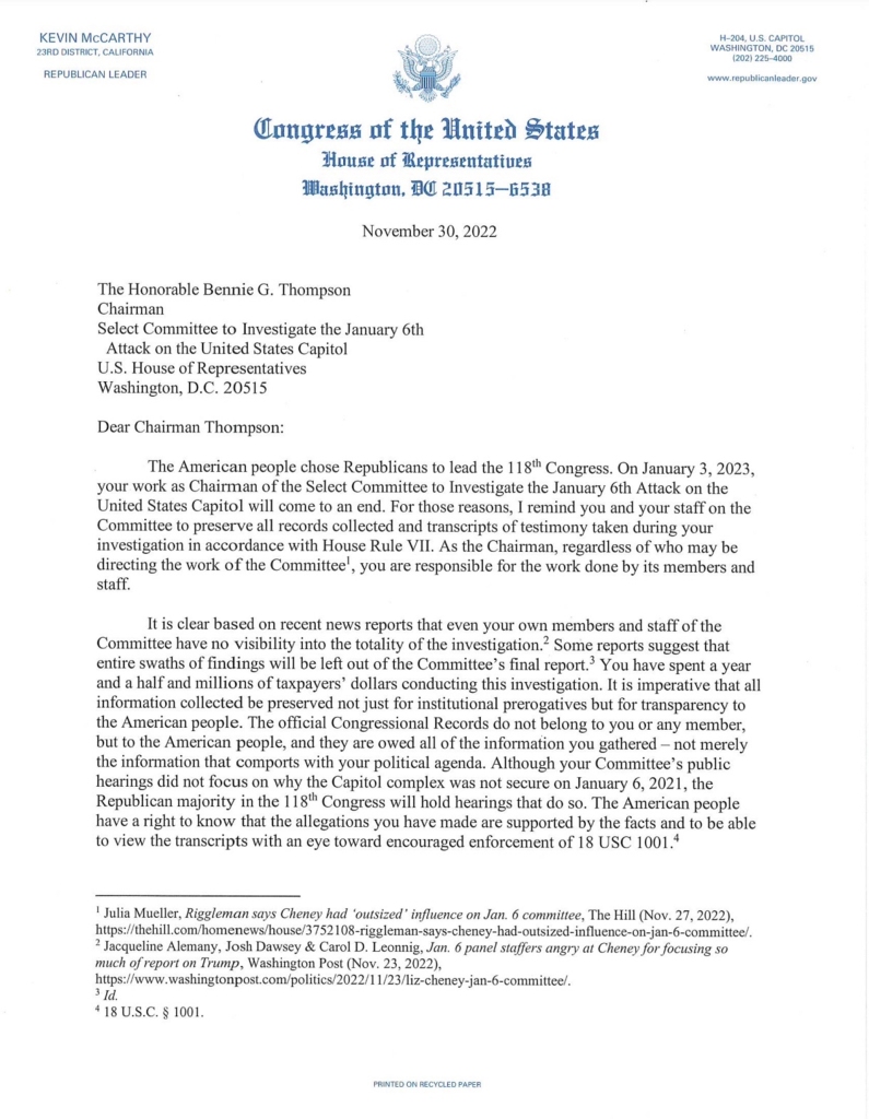 The letter Rep. Kevin McCarthy, the House minority leader, sent to Rep. Bennie Thompson, the chair of the House select committee investigating Jan. 6.