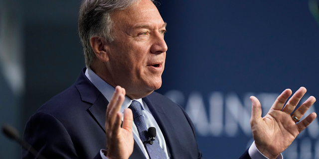 Former Secretary of State Mike Pompeo, a Republican presidential prospect, address an audience at an "Politics and Eggs" gathering Tuesday, Sept. 20, 2022, at Saint Anselm College, in Manchester, N.H.