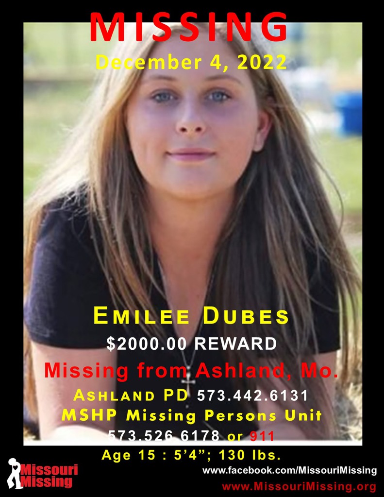 Missing person flyer for Emilee Dubes