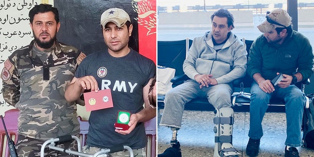 Left, Monir and his brother Mark in Afghanistan. Right, the brothers sit in an airport after Monir’s discharge from Walter Reed National Military Medical Center.
