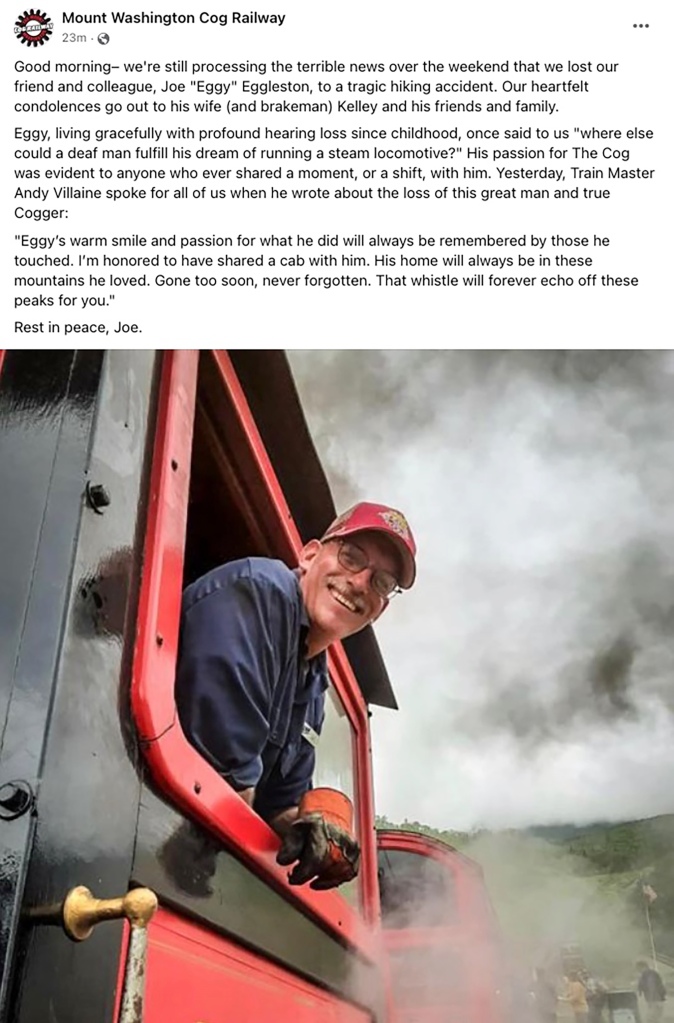 Mount Washington Cog Railway mourned Eggleston on Facebook