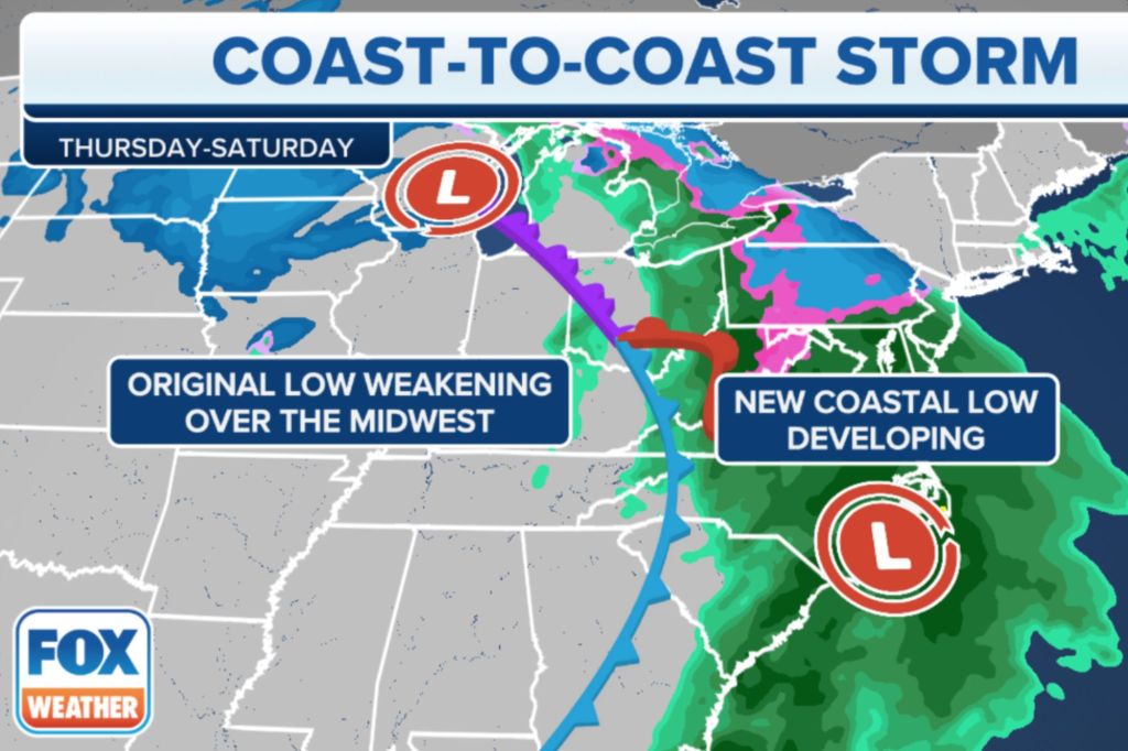 A new area of low pressure will develop near the East Coast.
