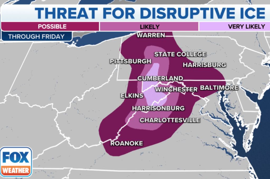 The coastal low-pressure system has the potential to bring disruptive ice to interior parts of the central Appalachians and interior Northeast.
