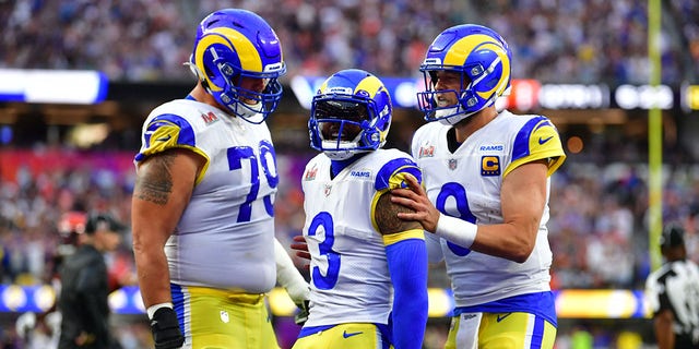 Los Angeles Rams' Odell Beckham Jr. (C) celebrates with teammates after scoring a touchdown during Super Bowl LVI between the Los Angeles Rams and the Cincinnati Bengals at SoFi Stadium in Inglewood, Calif., on Feb. 13, 2022.