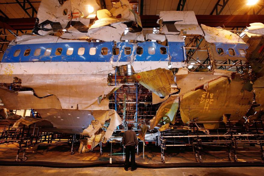 The reconstructed remains of Pan Am flight 103 lie in a warehouse on January 15, 2008 in Farnborough, England.