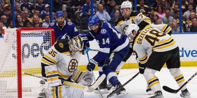 Pat Maroon #14 of the Tampa Bay Lightning skates against goalie Linus Ullmark #35 and Matt Grzelcyk #48 of the Boston Bruins during the second period at Amalie Arena on November 21, 2022 in Tampa, Florida.