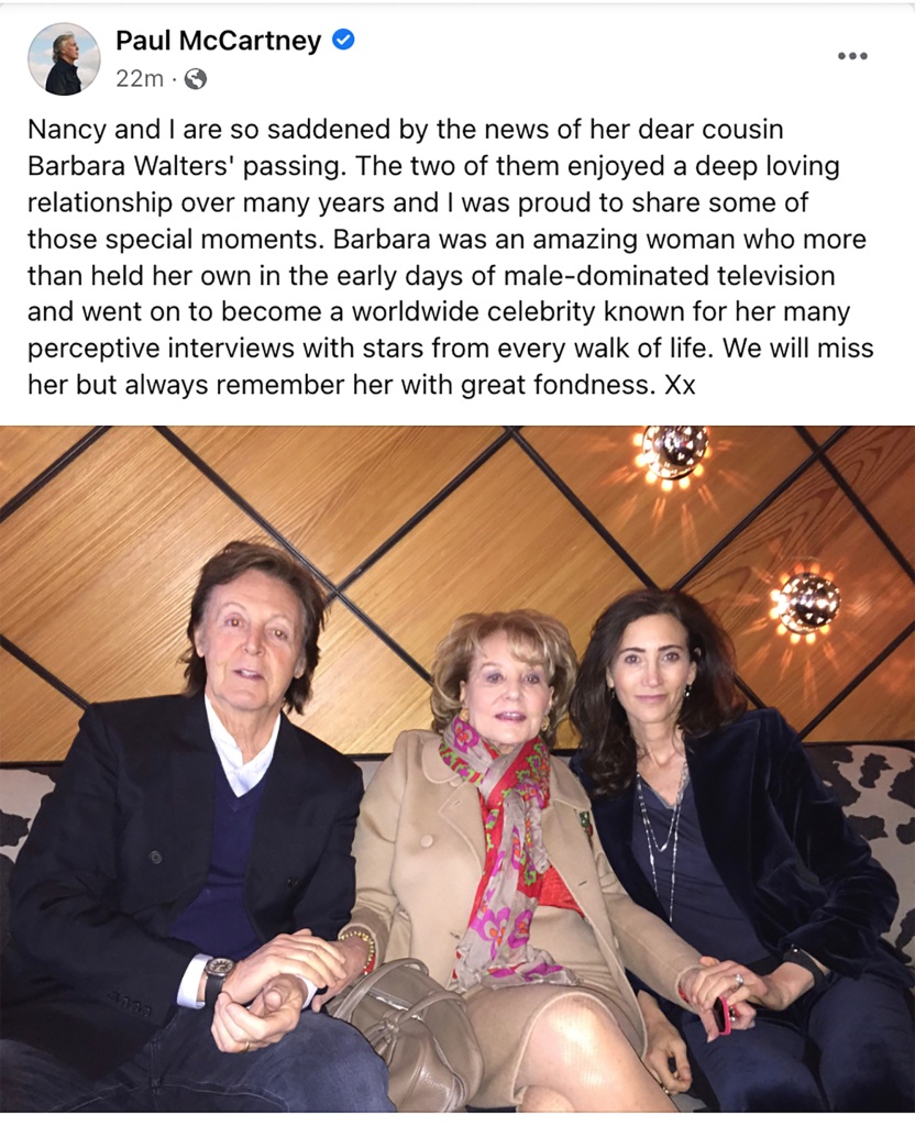 Paul McCartney Facebook post mourning Barbara Walters