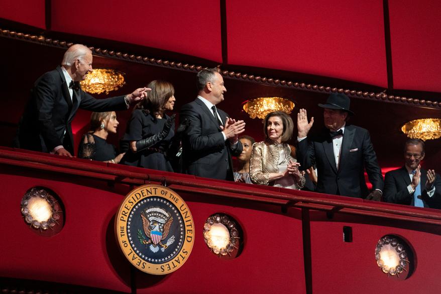 U.S. President Joe Biden gestures to Paul Pelosi at Kennedy Center Honors