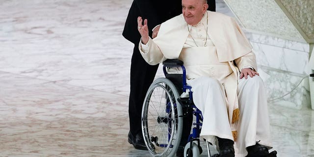 Pope Francis attends an audience with nuns and religious superiors in the Paul VI Hall at the Vatican, May 5, 2022.