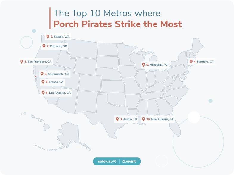 The map displays the top 10 areas where porch pirates are prevalent.