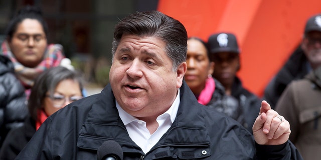 Illinois Gov. J.B. Pritzker speaks during a rally at Federal Building Plaza on April 27, 2022, in Chicago, Illinois.