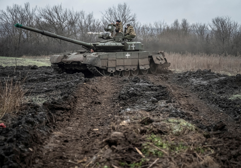 Servicemen of Carpathian Sich Battalion are seen on a tank on a frontline near Lyman, Donetsk. 