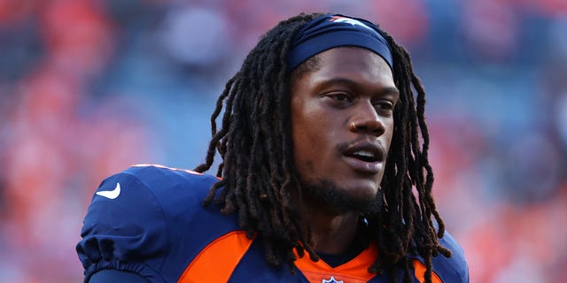 Randy Gregory #5 of the Denver Broncos warms up against the San Francisco 49ers at Empower Field At Mile High on September 25, 2022 in Denver, Colorado.