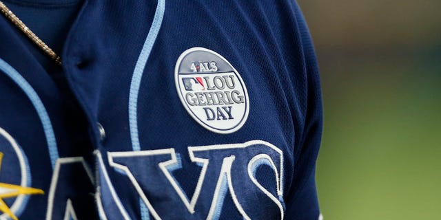 The Lou Gehrig patch worn during a game between the Tampa Bay Rays and the Texas Rangers at Globe Life Field June 2, 2022, in Arlington, Texas.