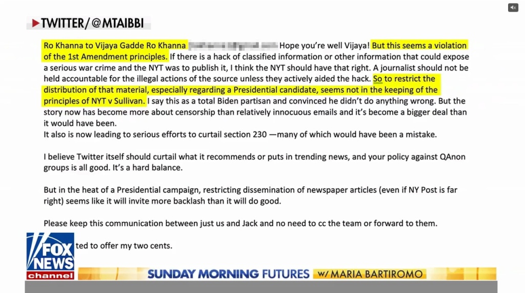 The report from Matt Taibbi reveals Rep. Ro Khanna's message to Twitter about blocking The Post's Hunter Biden story.