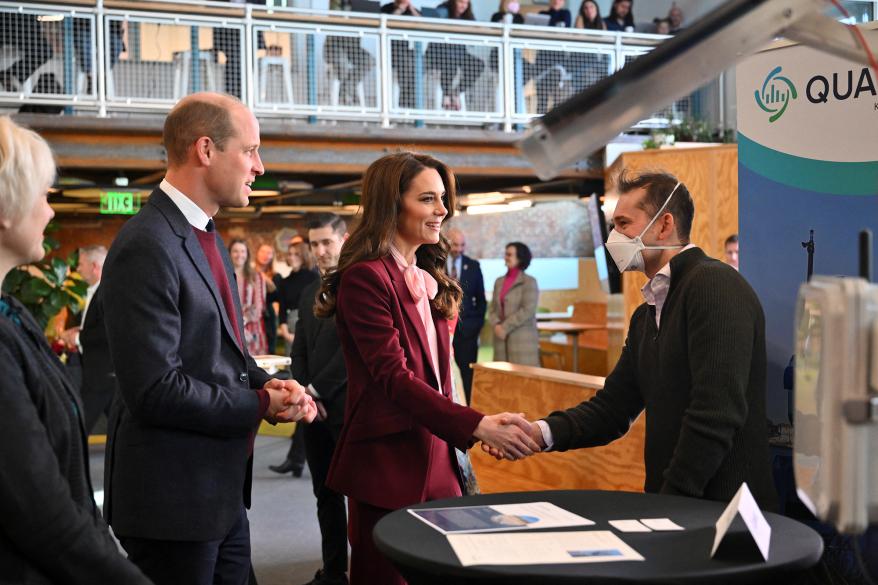 William and Kate speaking with a startup company at Greentown Labs during a tour in Somerville, Massachusetts.