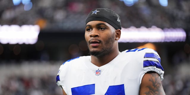 Sam Williams of the Dallas Cowboys walks onto the field against the Washington Commanders at AT and T Stadium Oct. 2, 2022, in Arlington, Texas.