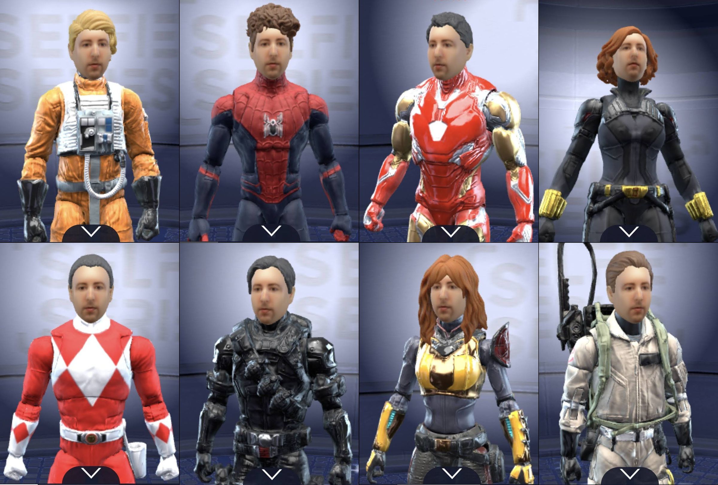 Sean as a Star Wars rebel pilot, spider-man, iron man, black widow, red ranger, snake eyes, scarlet, and ghostbuster