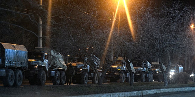 Russian military tanks and armored vehicles advance in Donetsk, Ukraine on February 24, 2022.