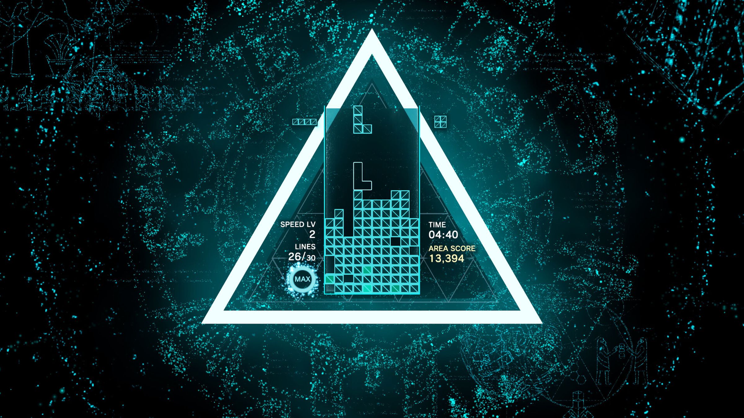 A white triangle with a tetris dropping blocks game inside.