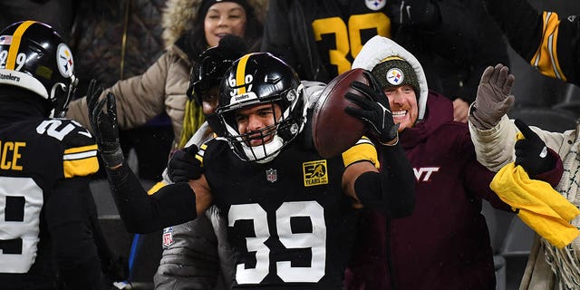 Minkah Fitzpatrick #39 of the Pittsburgh Steelers celebrates after an interception during the third quarter against the Las Vegas Raiders at Acrisure Stadium on December 24, 2022 in Pittsburgh, Pennsylvania. 