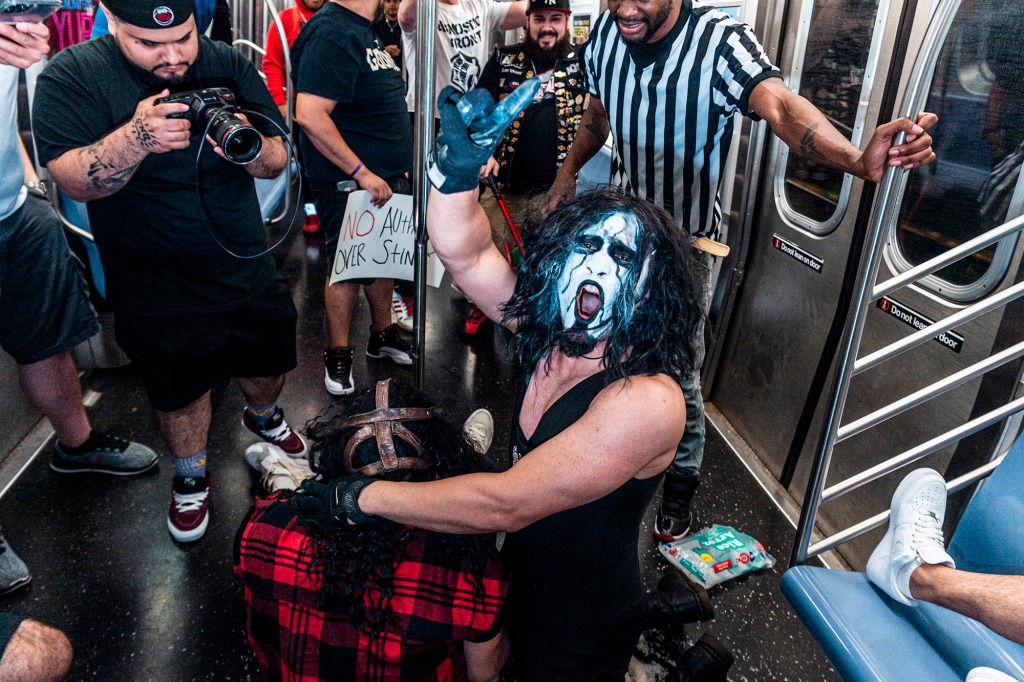 A couple of times a year, Rivera and the small supporting cast of three or four characters comprising Subway Mania, as he calls it, will seize on a single car, trailed by three videographers, to film an episode of the underground professional wrestling homage. 
