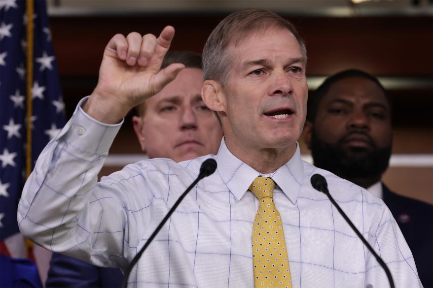 Flanked by House Republicans, Rep. Jim Jordan (R-OH) speaks during a news conference on Nov. 17, 2022 in Washington, DC.