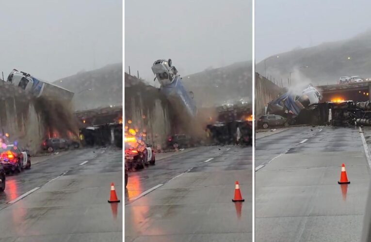 California box-truck tumbles off highway onto separate crash scene