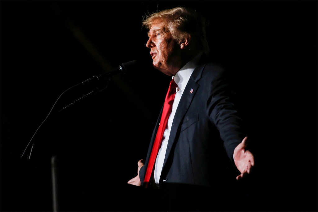 Donald Trump reacts during his speech during a rally at the Iowa States Fairgrounds in Des Moines, Iowa on Oct. 9, 2021.