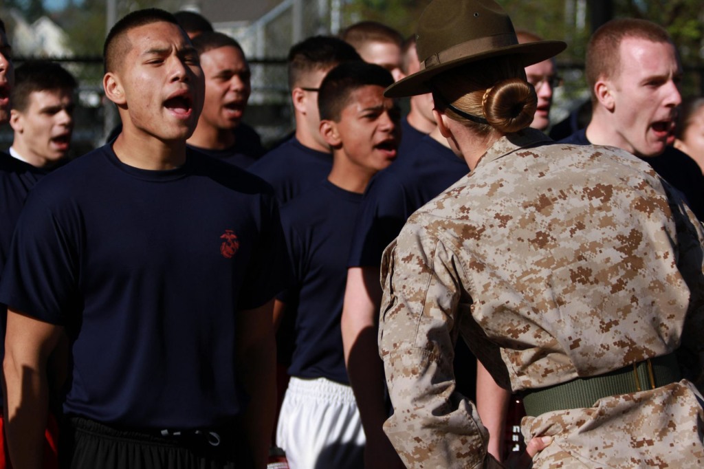Drill Sgt. Daniel Contreias addresses male and female recruits in 2013.
