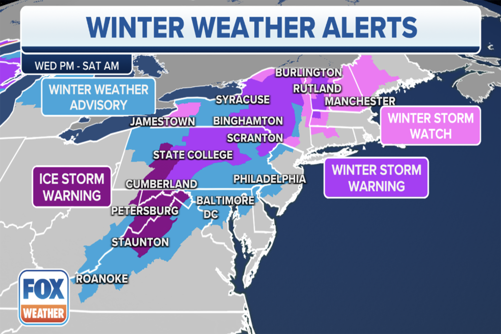 Winter weather alerts are in effect across the Northeast and mid-Atlantic.
