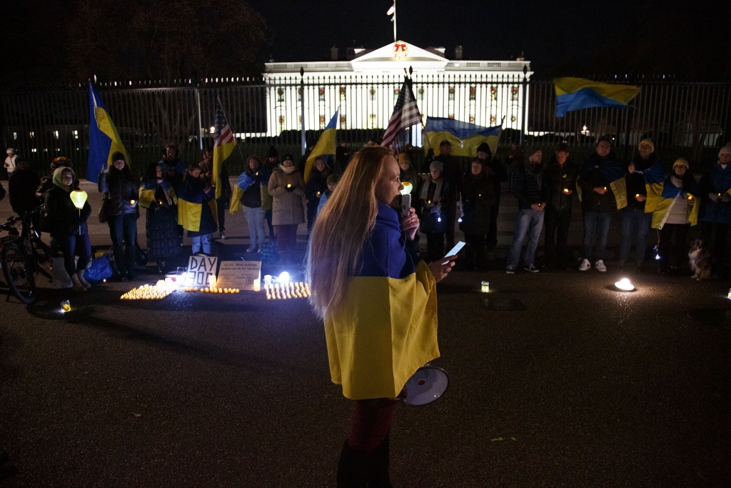 Nadiya Shaporynska speaks at a candlelight vigil hosted by US Ukrainian Activists in front of the White House in Washington, D.C. on December 20, 2022, marking day 300 of Russia's invasion of Ukraine