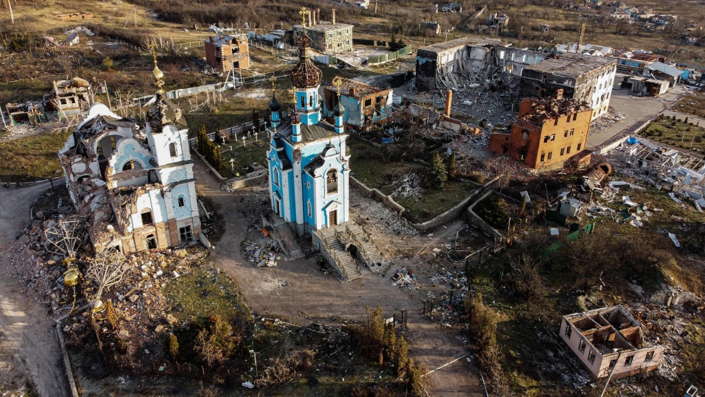 This aerial photograph taken on December 20, 2022, shows destruction in the village of Bohorodychne, eastern Ukraine.