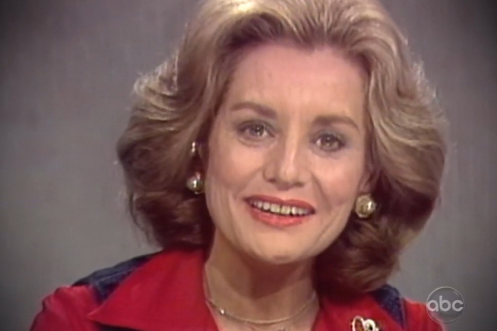 Photo of Barbara Walters on "20/20" circa 1980. It's a closeup shot and she's smiling into the camera with the ABC logo visible in the bottom right-hand corner.