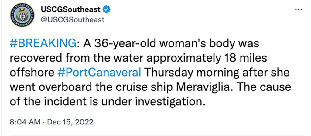 A woman died after going overboard on a cruise ship early Thursday morning. The 36-year-old was on the MSC Meraviglia, which was about 18 miles off the of Port Canaveral, Florida when she fell into the sea, the Coast Guard told CBS News.