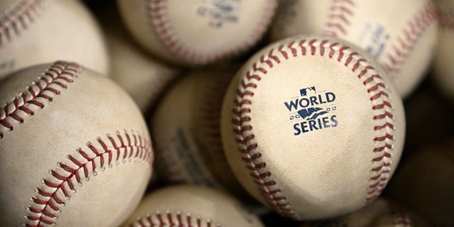 Baseballs displayed during World Series Game 6 between the Houston Astros and Philadelphia Phillies at Minute Maid Park in Houston, Texas, Nov. 5, 2022. 