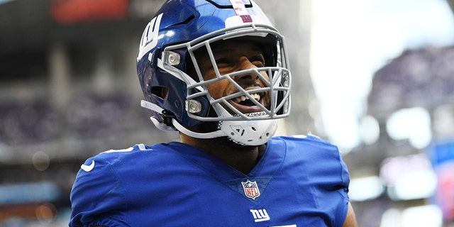 Kayvon Thibodeaux of the New York Giants before the Minnesota Vikings game at U.S. Bank Stadium on Dec. 24, 2022, in Minneapolis.